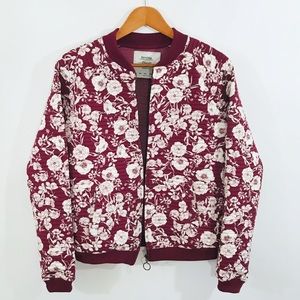 BERSHKA Cranberry White Floral Quilted Bomber Jacket